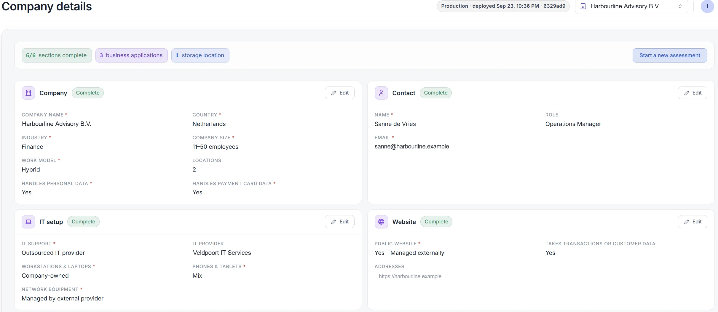 EvRisko company details screen, where you describe your business