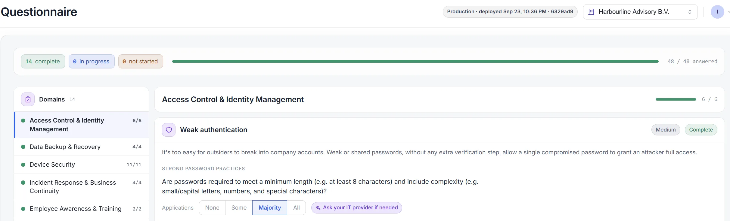 EvRisko risk questionnaire screen with plain-language questions